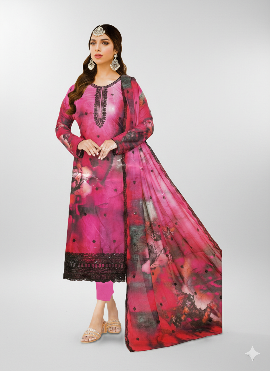 Hot Pink Digital Art Suit with Black Lace