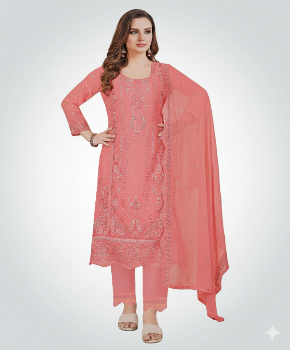 Soft Coral Peach Tonal Embroidery Ensemble