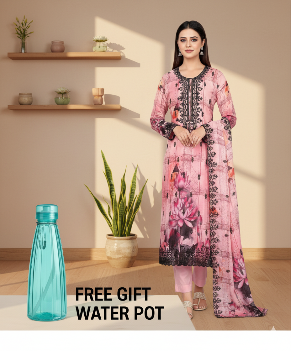 ব্লাশ পিঙ্ক ফ্লোরাল কটন থ্রি-পিস সেট